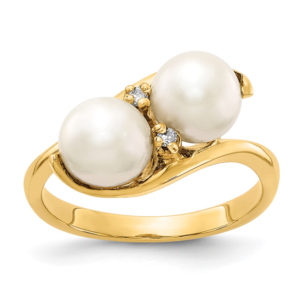 14K 6mm Yellow Gold White Freshwater Cultured Two-Pearl and a Diamond Ring