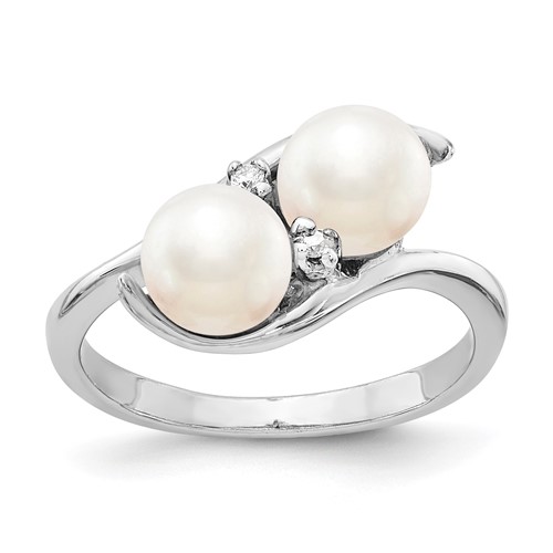 14K White Gold 6mm Black Freshwater Cultured Two-Pearl and a Diamond Ring