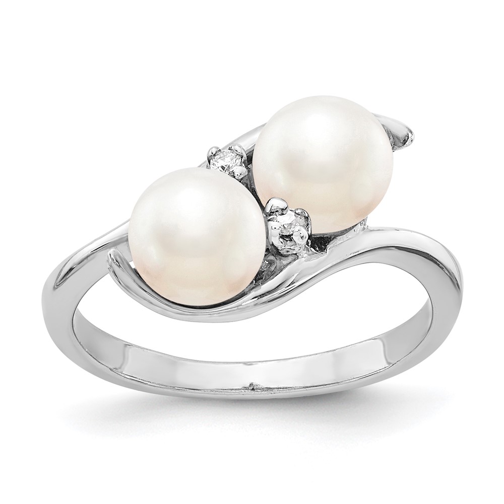 14K White Gold 6mm White Freshwater Cultured Two-Pearl and Aaa Diamond Ring