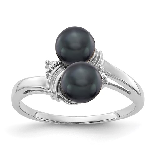 14K White Gold 5.5mm Black Freshwater Cultured Two-Pearl and VS Diamond Ring