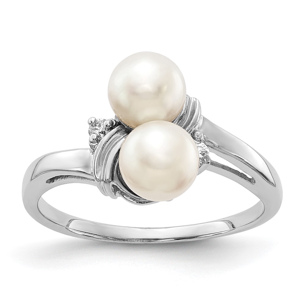 14K White Gold 5.5mm White Freshwater Cultured Two-Pearl and Aaa Diamond Ring