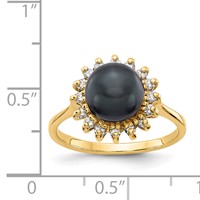 14K 7.5mm Yellow Gold Black Freshwater Cultured Pearl and 0.25 Carat a Diamond Halo Ring view 2
