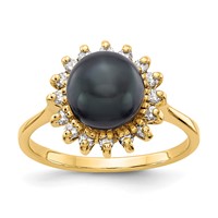 14K 7.5mm Yellow Gold Black Freshwater Cultured Pearl and 0.25 Carat a Diamond Halo Ring view 1