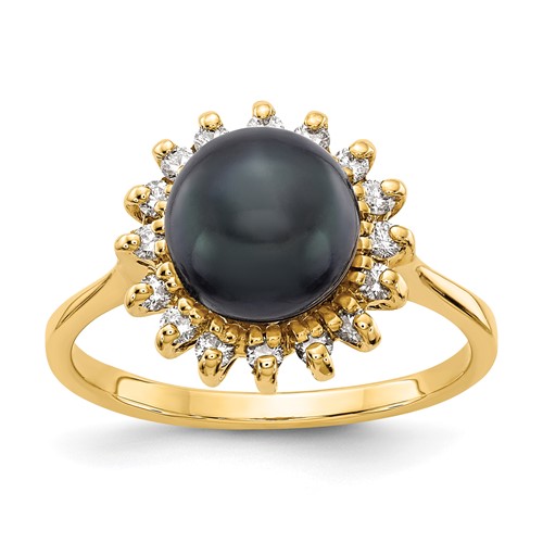 14K 7.5mm Yellow Gold Black Freshwater Cultured Pearl and 0.25 Carat VS Diamond Halo Ring