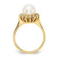 14K 7.5mm Yellow Gold White Freshwater Cultured Pearl and 0.25 Carat AA Diamond Halo Ring view 2