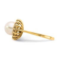 14K 7.5mm Yellow Gold White Freshwater Cultured Pearl and 0.25 Carat AA Diamond Halo Ring view 3