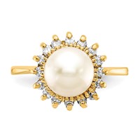 14K 7.5mm Yellow Gold White Freshwater Cultured Pearl and 0.25 Carat AA Diamond Halo Ring view 4