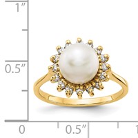 14K 7.5mm Yellow Gold White Freshwater Cultured Pearl and 0.25 Carat AA Diamond Halo Ring view 5