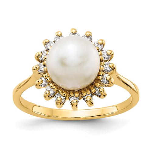 14K 7.5mm Yellow Gold White Freshwater Cultured Pearl and 0.25 Carat Aaa Diamond Halo Ring