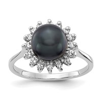 14K White Gold 7.5mm Black Freshwater Cultured Pearl and 0.25 Carat AA Diamond Halo Ring view 1