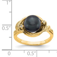 14K 7.5mm Yellow Gold Black Freshwater Cultured Pearl and AA Diamond Swirl Ring view 2