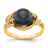 14K 7.5mm Yellow Gold Black Freshwater Cultured Pearl and AA Diamond Swirl Ring view 1