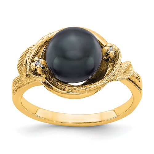 14K 7.5mm Yellow Gold Black Freshwater Cultured Pearl and VS Diamond Swirl Ring