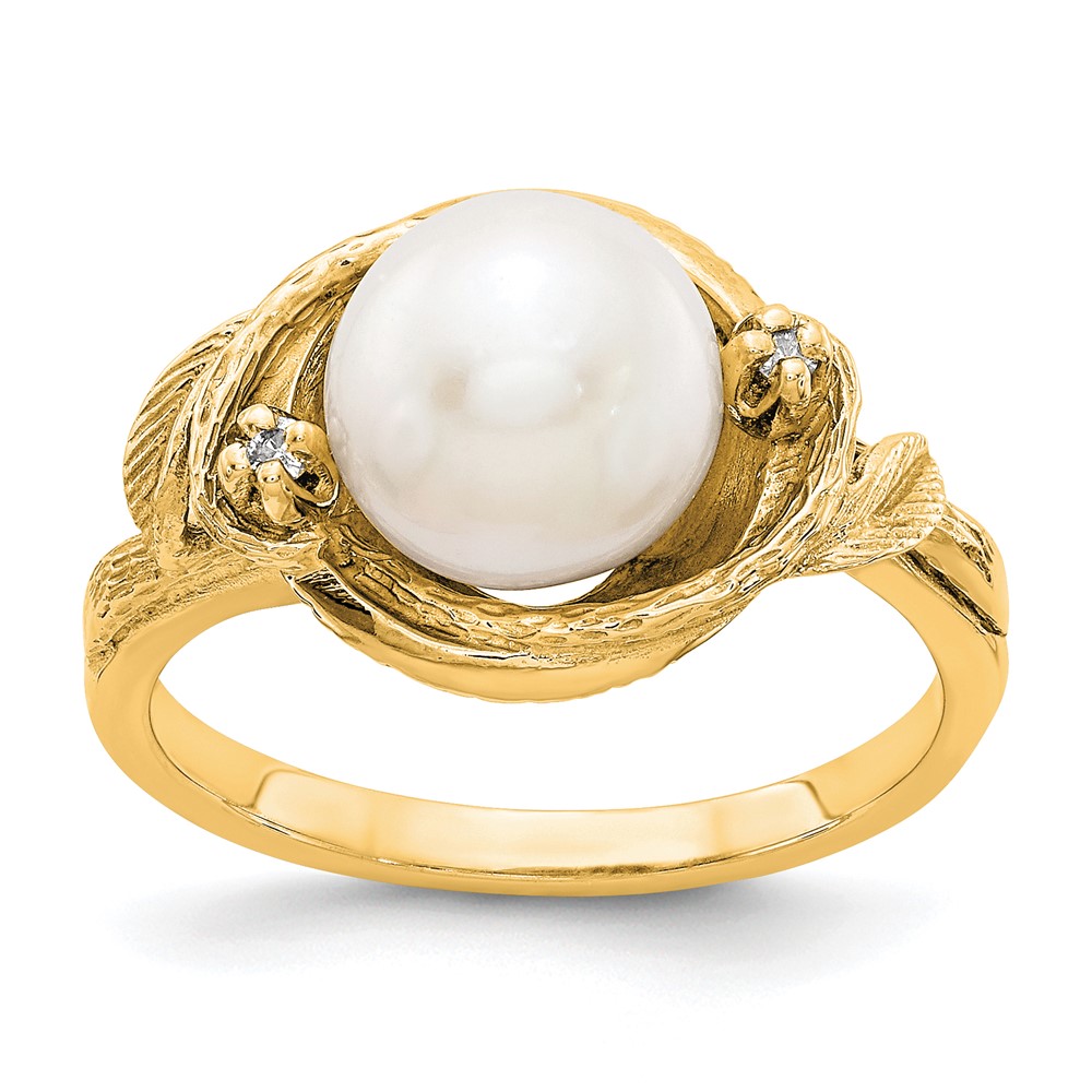 14K 7.5mm White Freshwater Cultured Pearl and a Diamond Swirl Ring