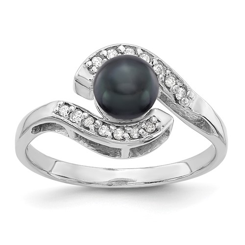 14K White Gold 5.5mm Black Freshwater Cultured Pearl and 1/20 Carat AA Diamond Bypass Ring
