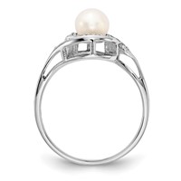 14K White Gold 5.5mm White Freshwater Cultured Pearl and 0.05 Carat Aaa Diamond Bypass Ring view 2