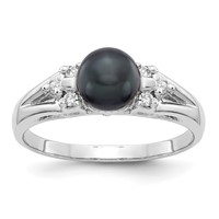 14K White Gold 6mm Black Freshwater Cultured Pearl and 0.10 Carat a Diamond Ring view 1