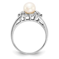 14K White Gold 6mm White Freshwater Cultured Pearl and 0.10 Carat AA Diamond Ring view 2