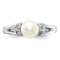 14K White Gold 6mm White Freshwater Cultured Pearl and 0.10 Carat AA Diamond Ring view 4