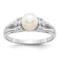 14K White Gold 6mm White Freshwater Cultured Pearl and 0.10 Carat AA Diamond Ring view 1