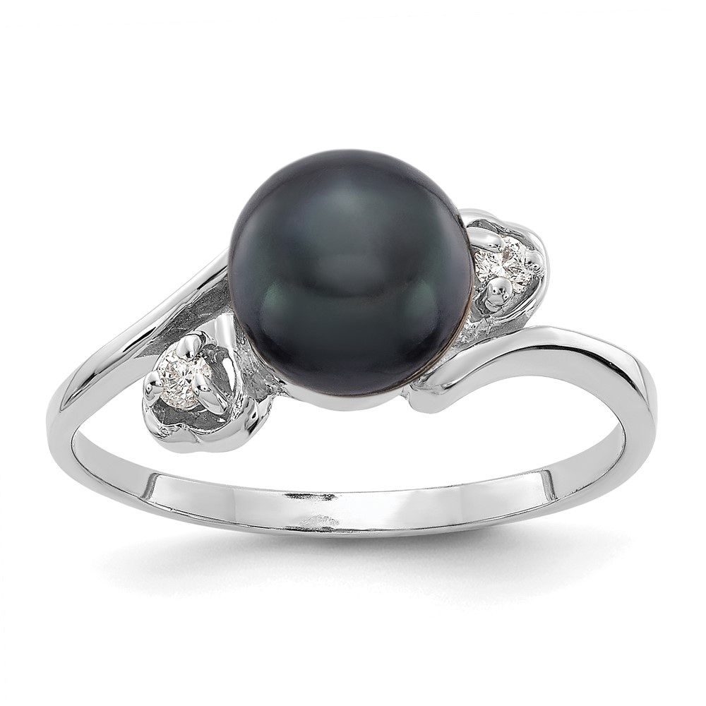 14K White Gold 7mm Black Freshwater Cultured Pearl and 0.05 Carat a Diamond Ring