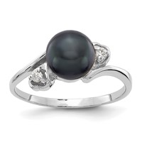 14K White Gold 7mm Black Freshwater Cultured Pearl and 0.05 Carat a Diamond Ring view 1