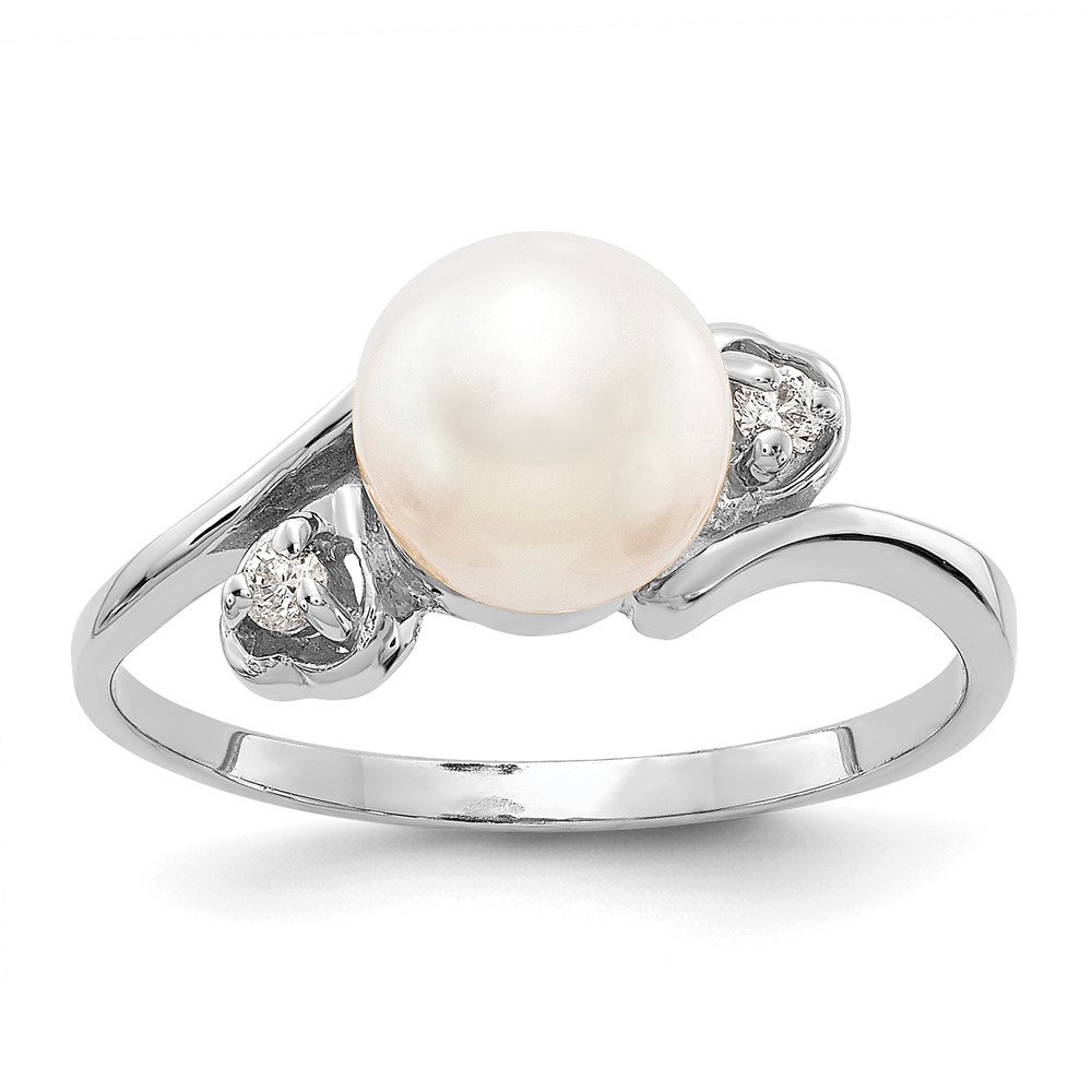 14K White Gold 7mm White Freshwater Cultured Pearl and 0.05 Carat a Diamond Ring