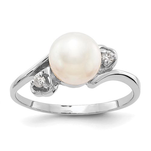 14K White Gold 7mm White Freshwater Cultured Pearl and 0.05 Carat Aaa Diamond Ring