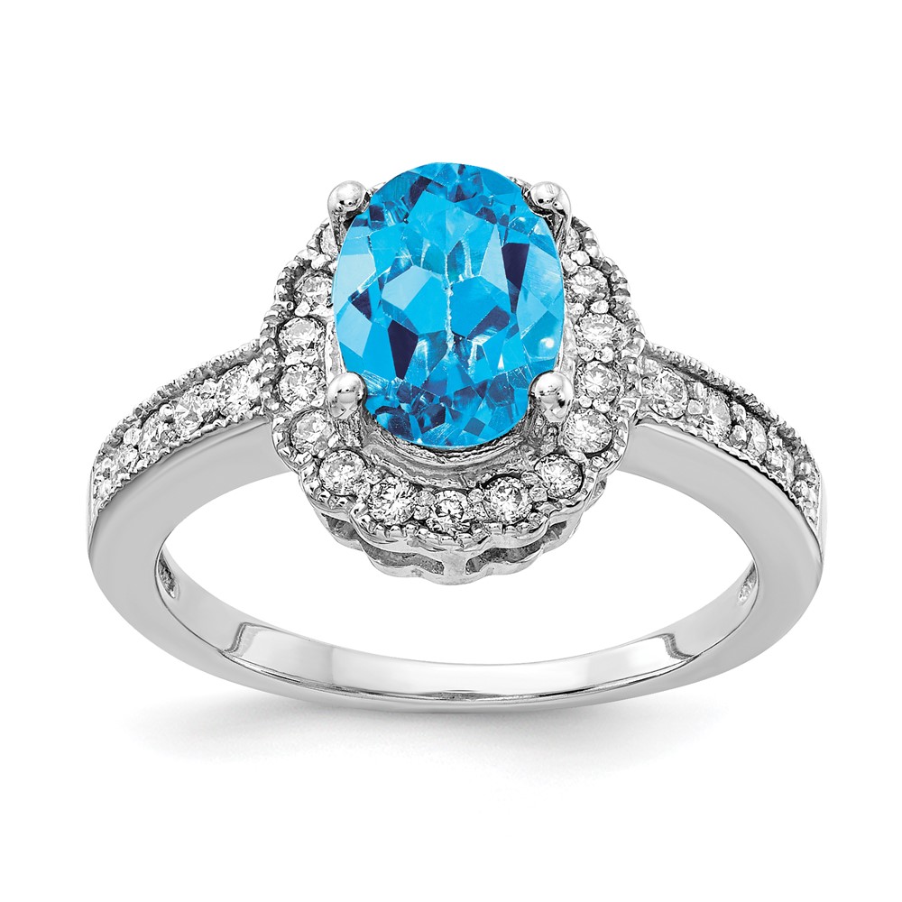 14K White Gold 8x 6mm Oval Blue Topaz and 0.33 Carat AA Diamond Halo Ring