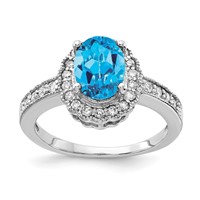 14K White Gold 8x 6mm Oval Blue Topaz and 0.33 Carat AA Diamond Halo Ring view 1