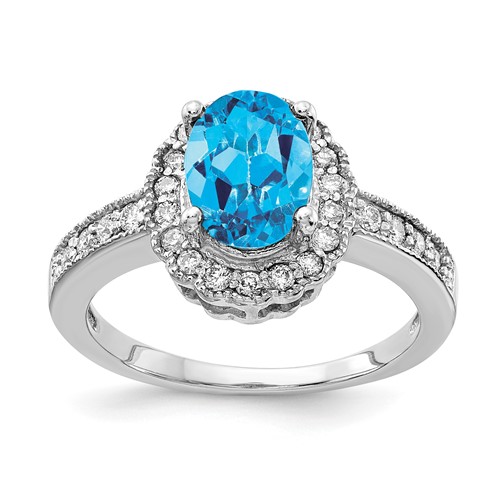 14K White Gold 8x 6mm Oval Blue Topaz and 0.33 Carat AA Diamond Halo Ring