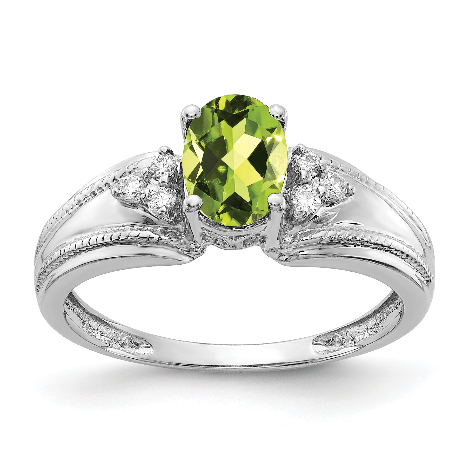14k White Gold 7x5mm Oval Peridot AA Diamond ring (Y4450PE/AA)