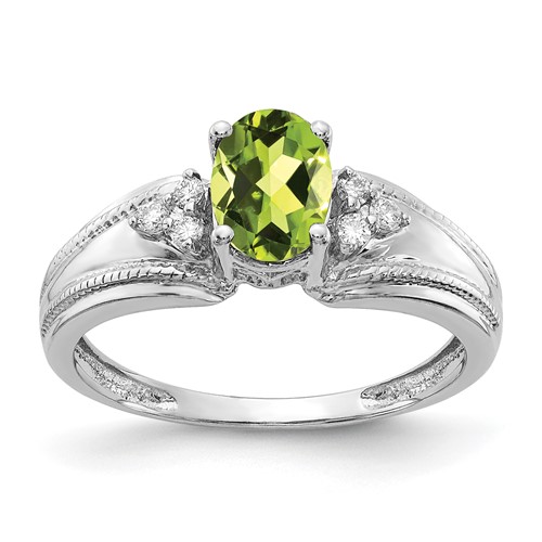 14K White Gold 7x 5mm Oval Peridot and 0.07 Carat AA Diamond Ring