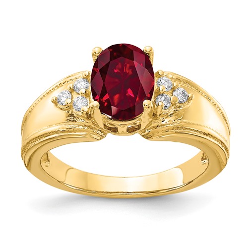 14K Yellow Gold 8x 6mm Oval Lab-Created Ruby and 0.10 Carat AA Diamond Ring