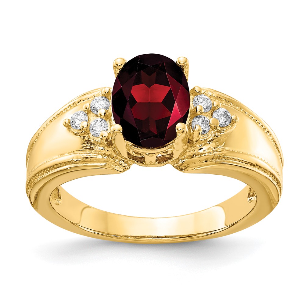 14K Yellow Gold 8x 6mm Oval Garnet and 0.10 Carat AA Diamond Ring