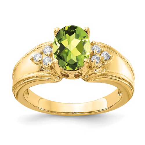 14K Yellow Gold 8x 6mm Oval Peridot and 0.10 Carat AA Diamond Ring
