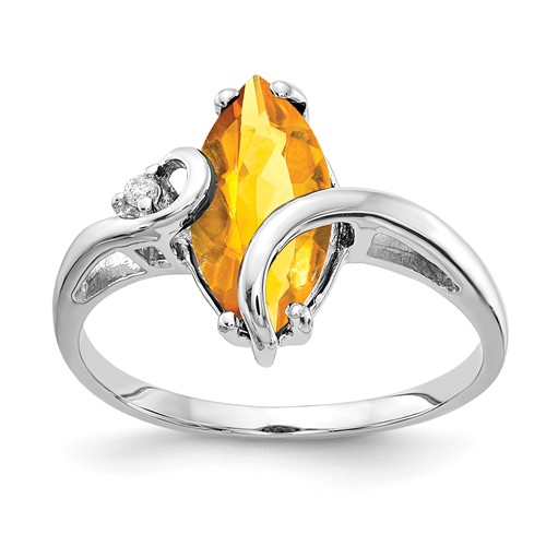 14K White Gold 12x 6mm Marquise Citrine and AA Diamond Ring