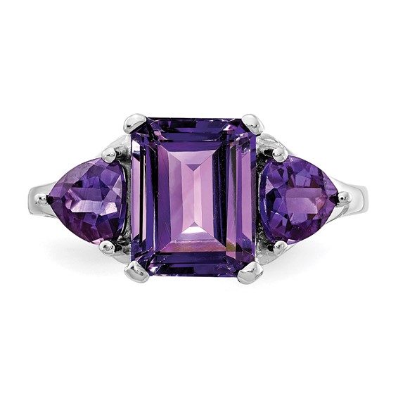 14k White Gold 9x7mm Emerald-cut and 5mm Trillion Amethyst 3-Stone Ring