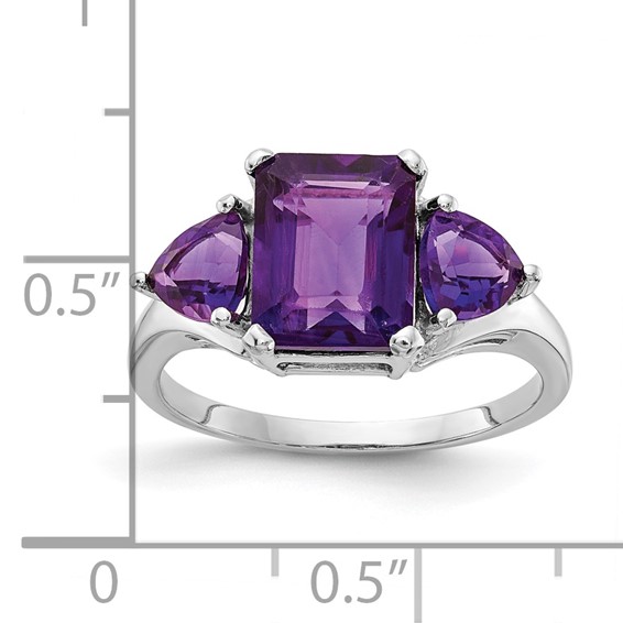 14k White Gold 9x7mm Emerald-cut and 5mm Trillion Amethyst 3-Stone Ring