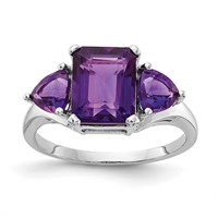 14K White Gold 9x 7mm Emerald-cut and 5mm Trillion Amethyst 3-Stone Ring view 1