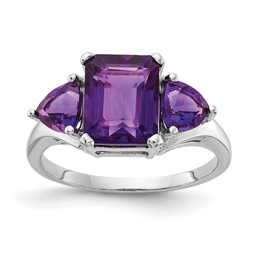 14K White Gold 9x 7mm Emerald-cut and 5mm Trillion Amethyst 3-Stone Ring