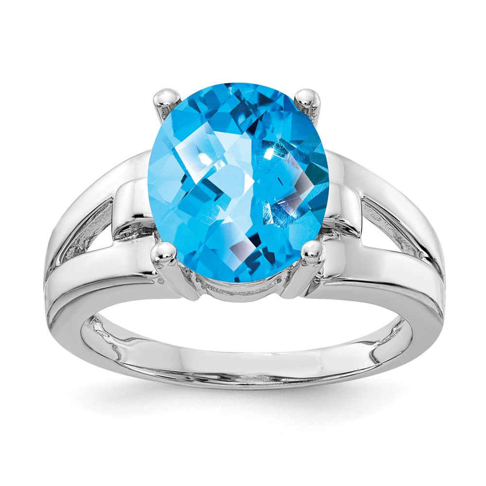 14K White Gold 11x 9mm Oval Blue Topaz Checker-cut Ring