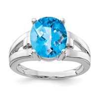 14K White Gold 11x 9mm Oval Blue Topaz Checker-cut Ring view 1