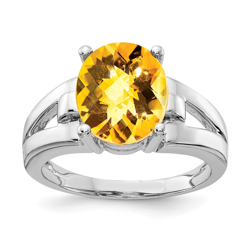 14K White Gold 11x 9mm Oval Citrine Checker-cut Ring