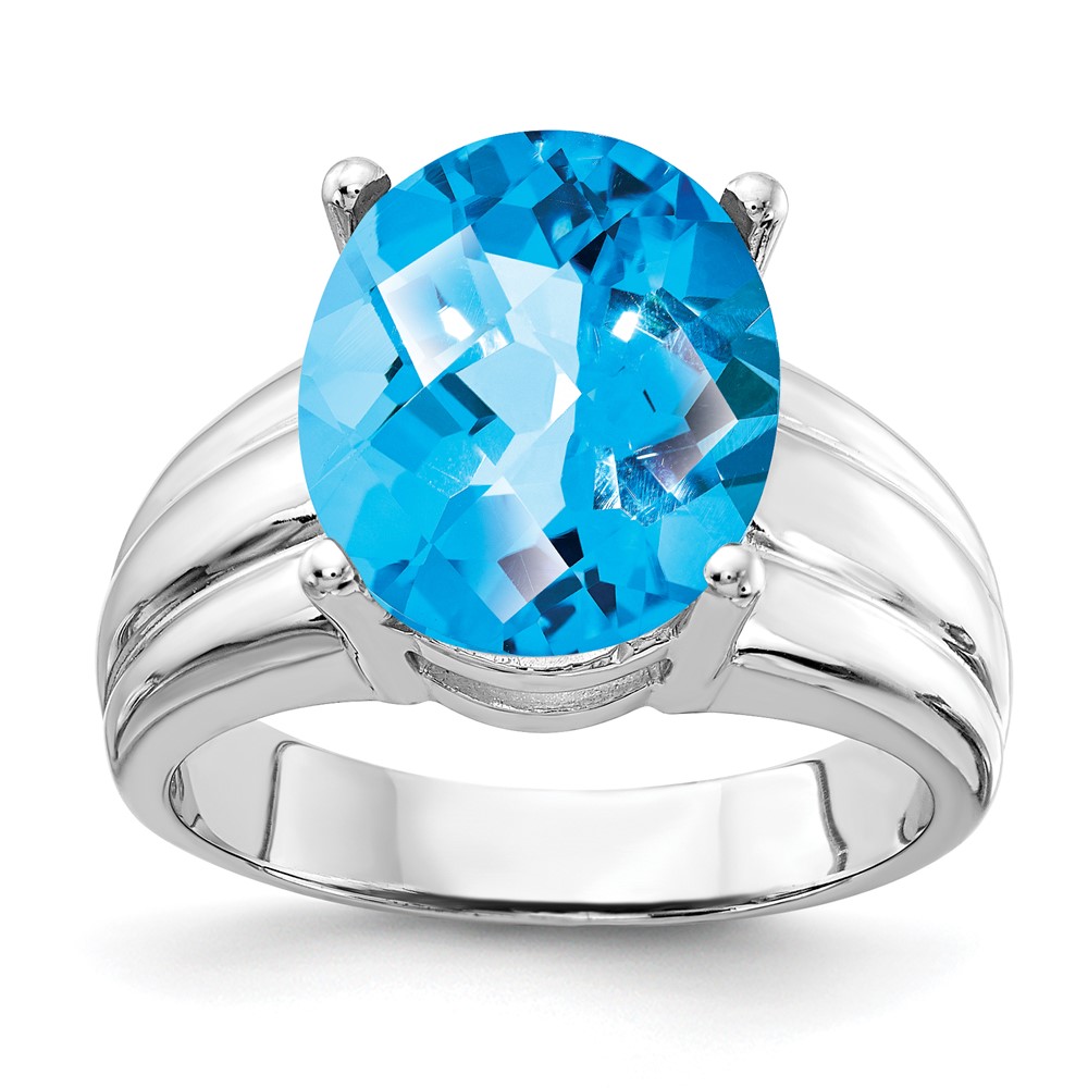 14K White Gold 12x 10mm Oval Blue Topaz Checker-cut Ring