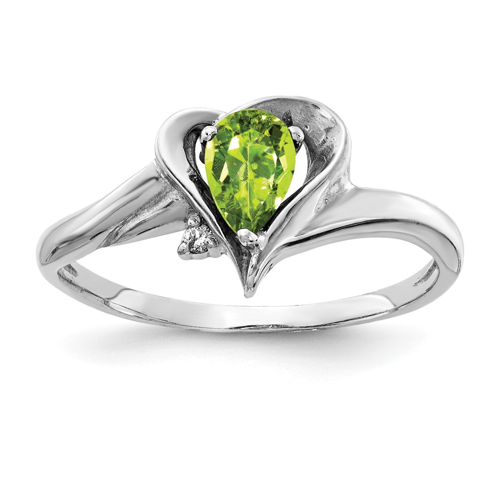 14K White Gold 6x4mm Pear Peridot and AA Diamond Ring