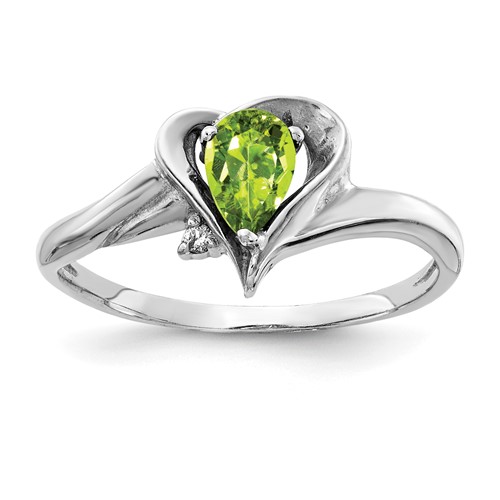 14K White Gold 6x 4mm Pear Peridot and AA Diamond Ring