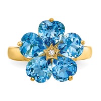 14K 6mm Yellow Gold Heart Blue Topaz and a Diamond Flower Ring view 5