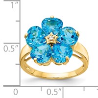 14K 6mm Yellow Gold Heart Blue Topaz and a Diamond Flower Ring view 3