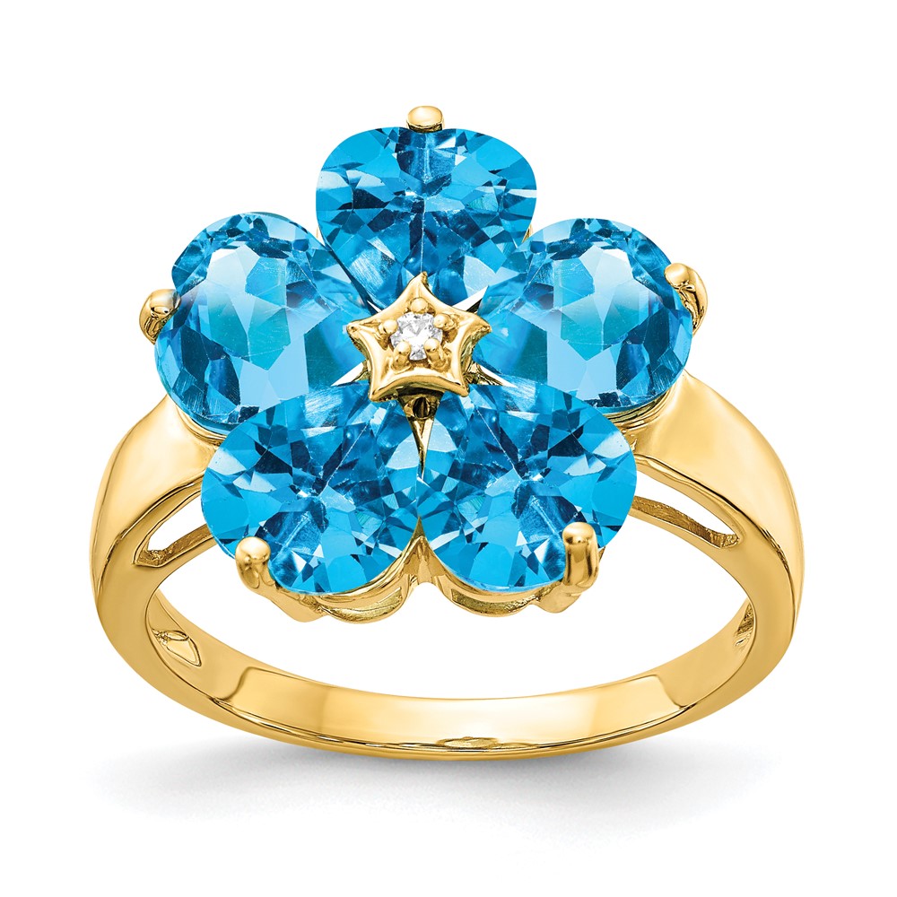 14K 6mm Yellow Gold Heart Blue Topaz and a Diamond Flower Ring